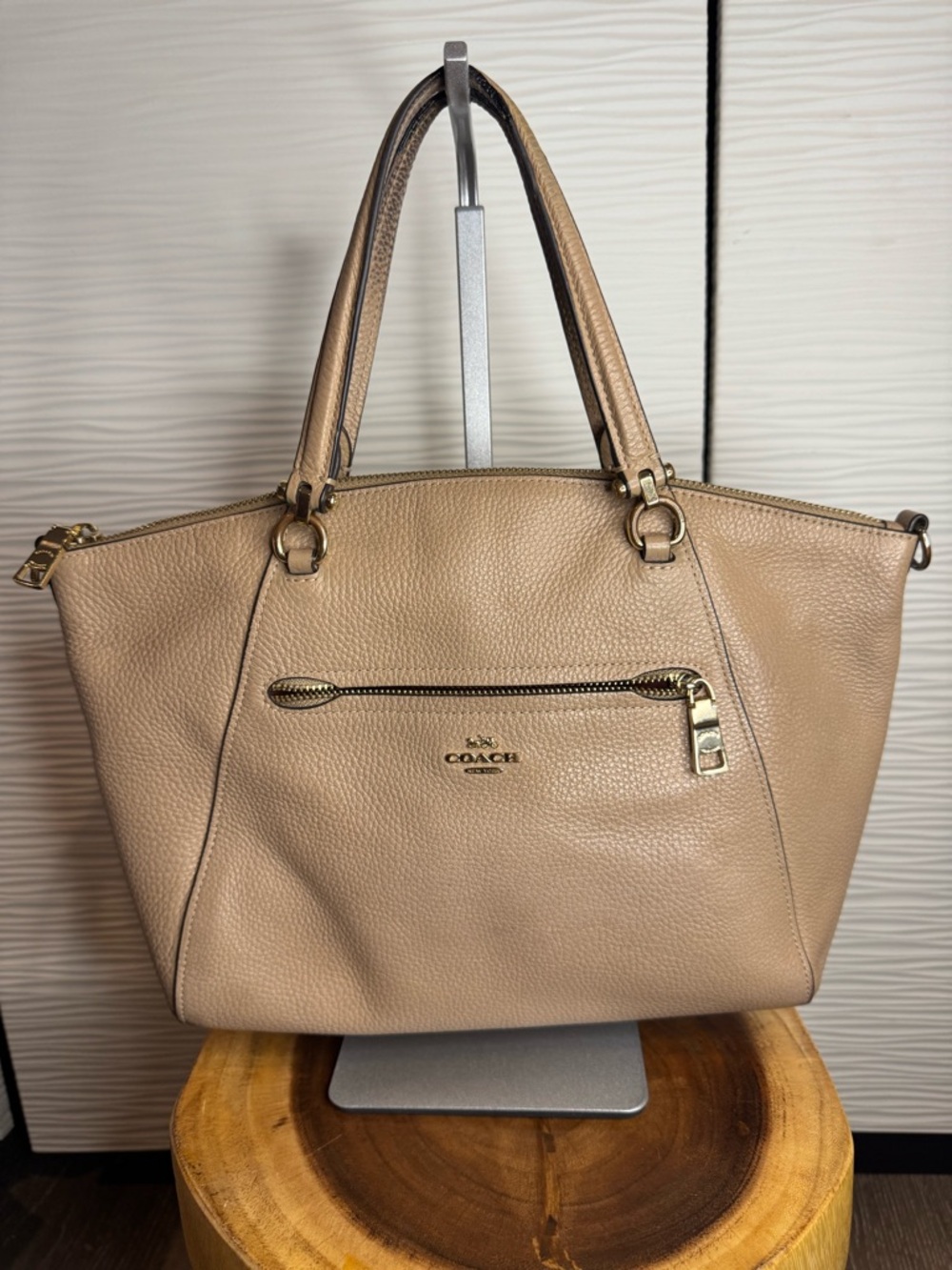 COACH ELISE Pebbled Leather Medium Satchel Top Handle Bag- Taupe /gold hardware